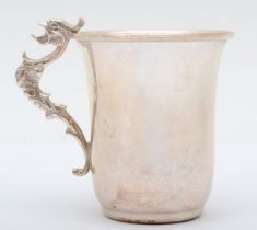 A 925 silver christening mug, stamped 925, cast dragon handle, 7.5cm, 65gm