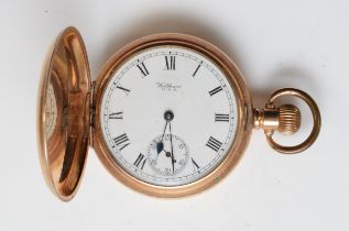 Waltham, a gold plated keyless wind full hunter pocket watch, 15 jewel movement, working when