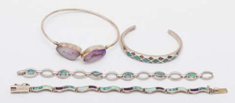 A Navajo Indian Sterling silver opal and lapis lazuli bracelet, by SS and three other bracelets,