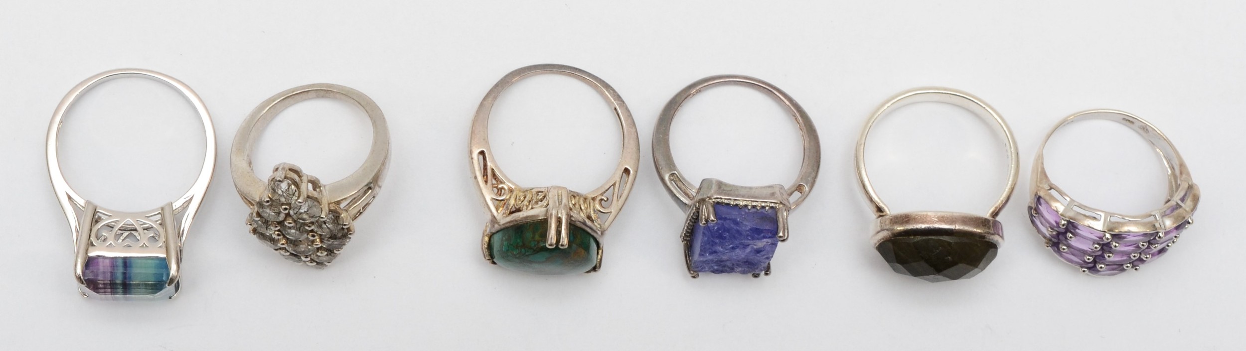 Six various silver gemset dress rings, L - R, 31gm - Image 2 of 2