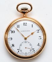 Garrard, a gold plated keyless wind open face presentation pocket watch, lead over the back from a