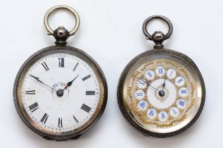 A Victorian silver ladies fob watch, Birmingham 1883, with blue Arabic numerals and an 800
