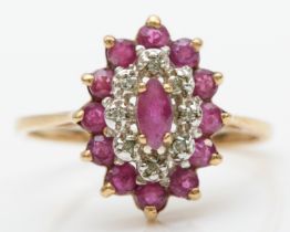 A 9ct gold ruby and diamond cluster ring, N-O, 2.2gm.