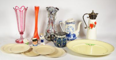 A Clarice Cliff meat platter, together with four side plates, a Royal Doulton figure 'Special