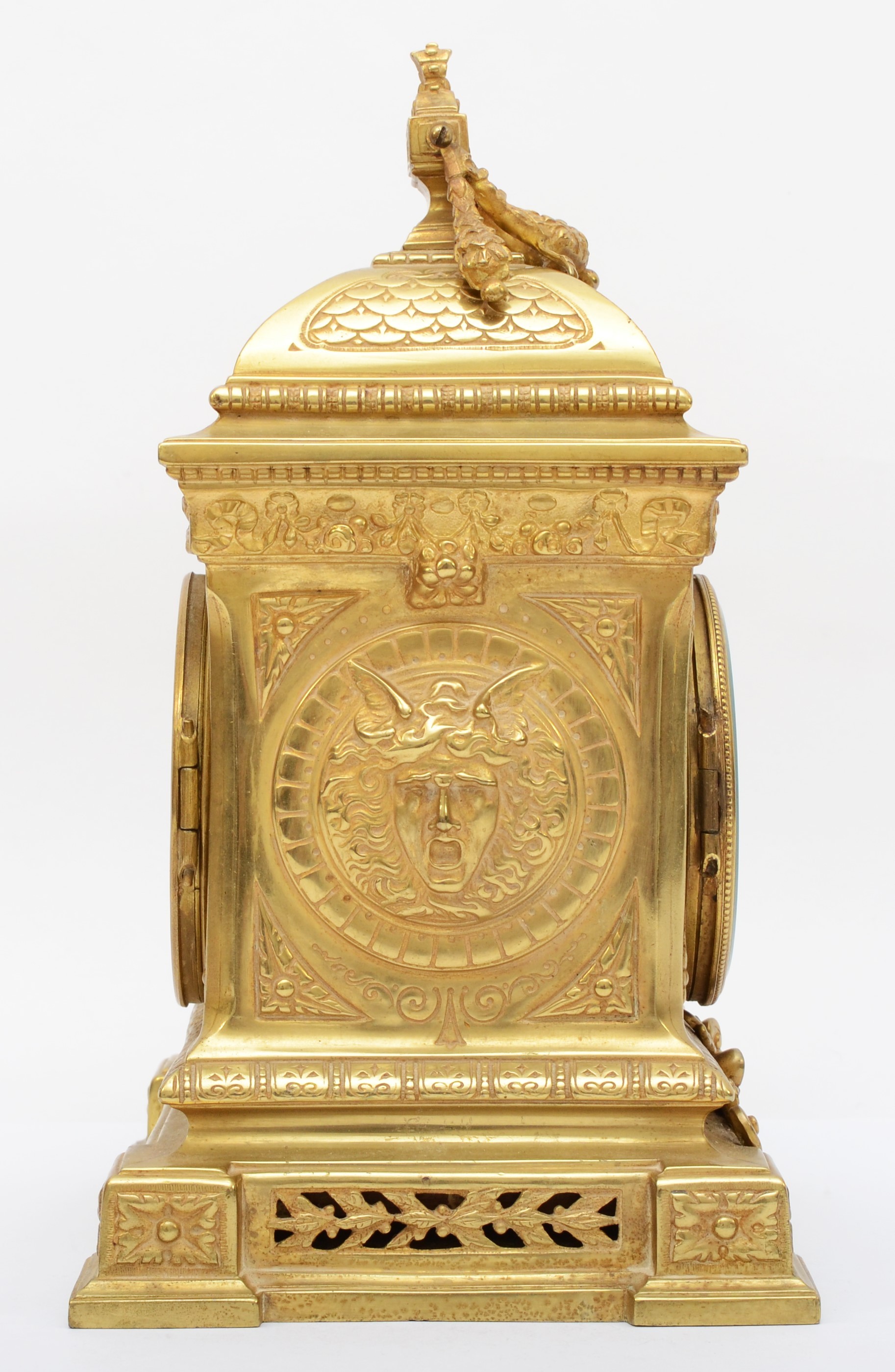 Japy Freres, a late 19th century French brass ornate mantel clock, with Mercury side panels, - Image 4 of 4