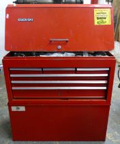 A red metal Stack-on tool chest full of used tools.