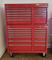 A Britool two tier red tool chest, no tools, model BTBR411 and BTCR414, 142 x 105 x 47.5cm