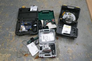 A MacAllister jigsaw 710w cased together with a Bosch cordless drill, cased, a McKeller circular