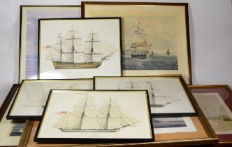 A group of framed maritime prints to include a signed Roger Davies print of the Humber Bridge, 37