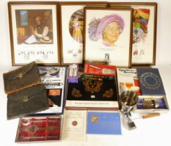 A group of collectibles to include framed first day issued stamps, a Zig Zag boxed bottle opener.