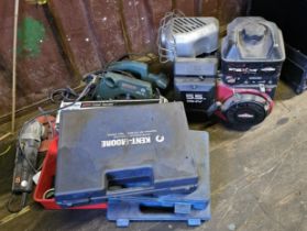 A 5.5hp static petrol engine and various used tools