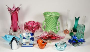 A collection of mid 20th century Art Glass pieces, to include vases, bon bon dishes, spill vases,