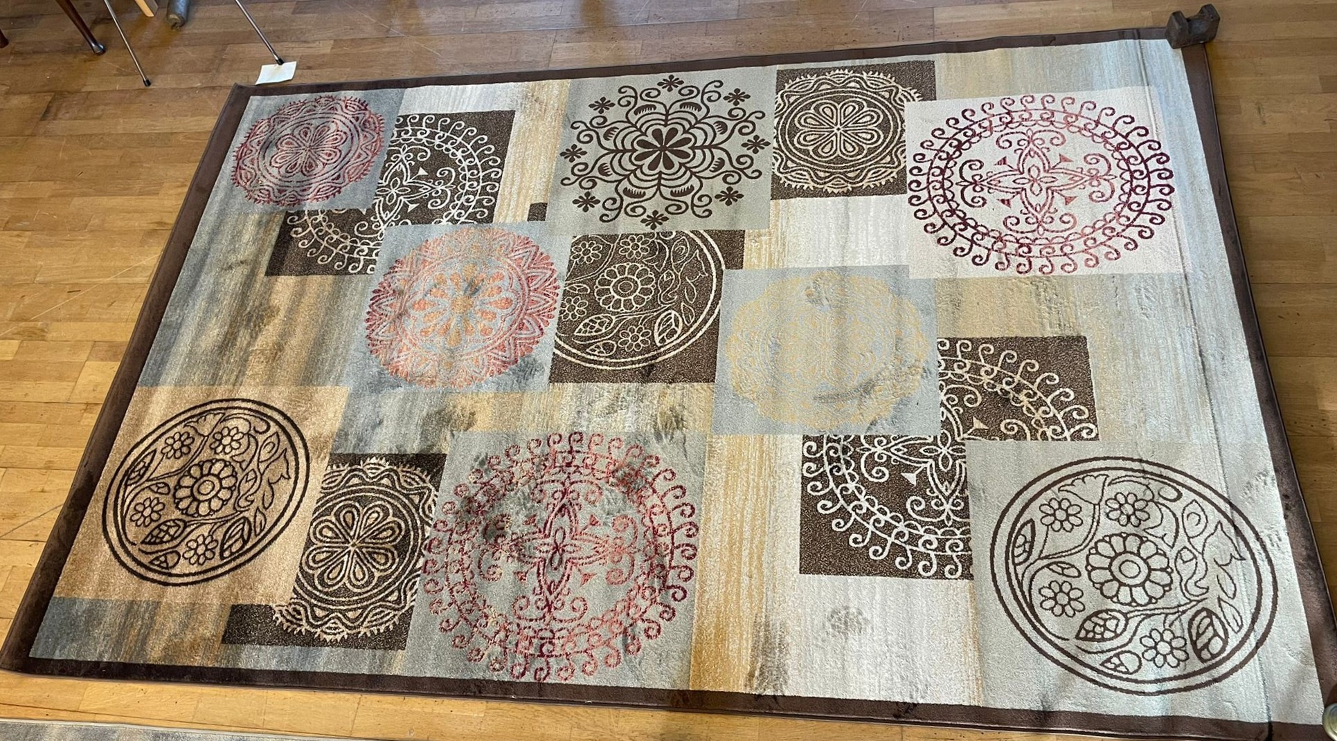 A contemporary brown background silk/wool mix rug embroidered with roundels of Eastern style - Image 2 of 2