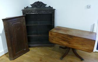 A Victorian carved oak book case, 135 x 92cm, an early 19th century oak corner cupboard, and a