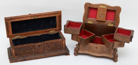 A Black Forest carved wood casket, in need of restoration and a carved wood jewellery box