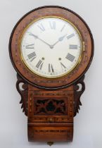 A early 20th century walnut inlaid drop dial wall clock, the white dial with black Roman numerals