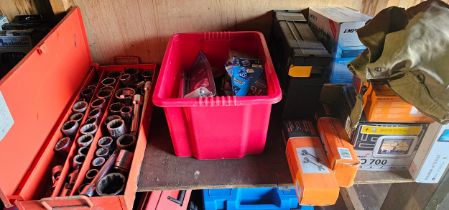 A shelf of tools to include a Britool socket set