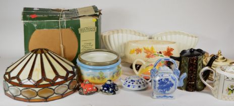 A group of ceramics to include Sylvac center pieces and tea pots, together with a resin lamp shade.