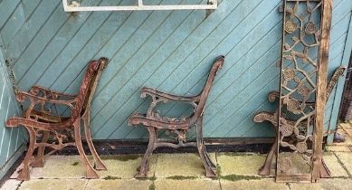 Three pairs of cast metal garden bench ends. (3)