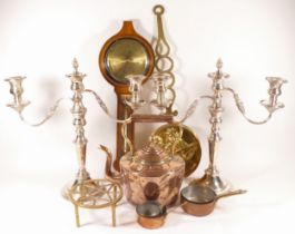 A 19th century brass and copper kettle, together with a brass chestnut roaster, a pair of silver