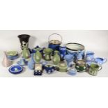 A box of 20th century Wedgwood Jasperware to include vases and a silver plated lidded biscuit