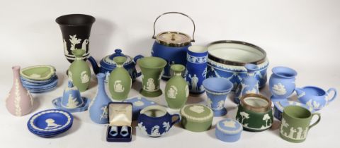 A box of 20th century Wedgwood Jasperware to include vases and a silver plated lidded biscuit