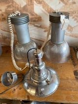 A pair of industrial style ceiling lights, with fluted shades, 45cm long, together with a polished