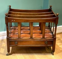 A Regency style mahogany three section Canterbury with single drawer, raised on square tapering