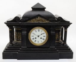 A 19th century black slate and brass mounted architectural mantle clock, together with various other