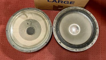 A pair of Celestion speakers, together with three Kam stage spotlights and a quantity of stage