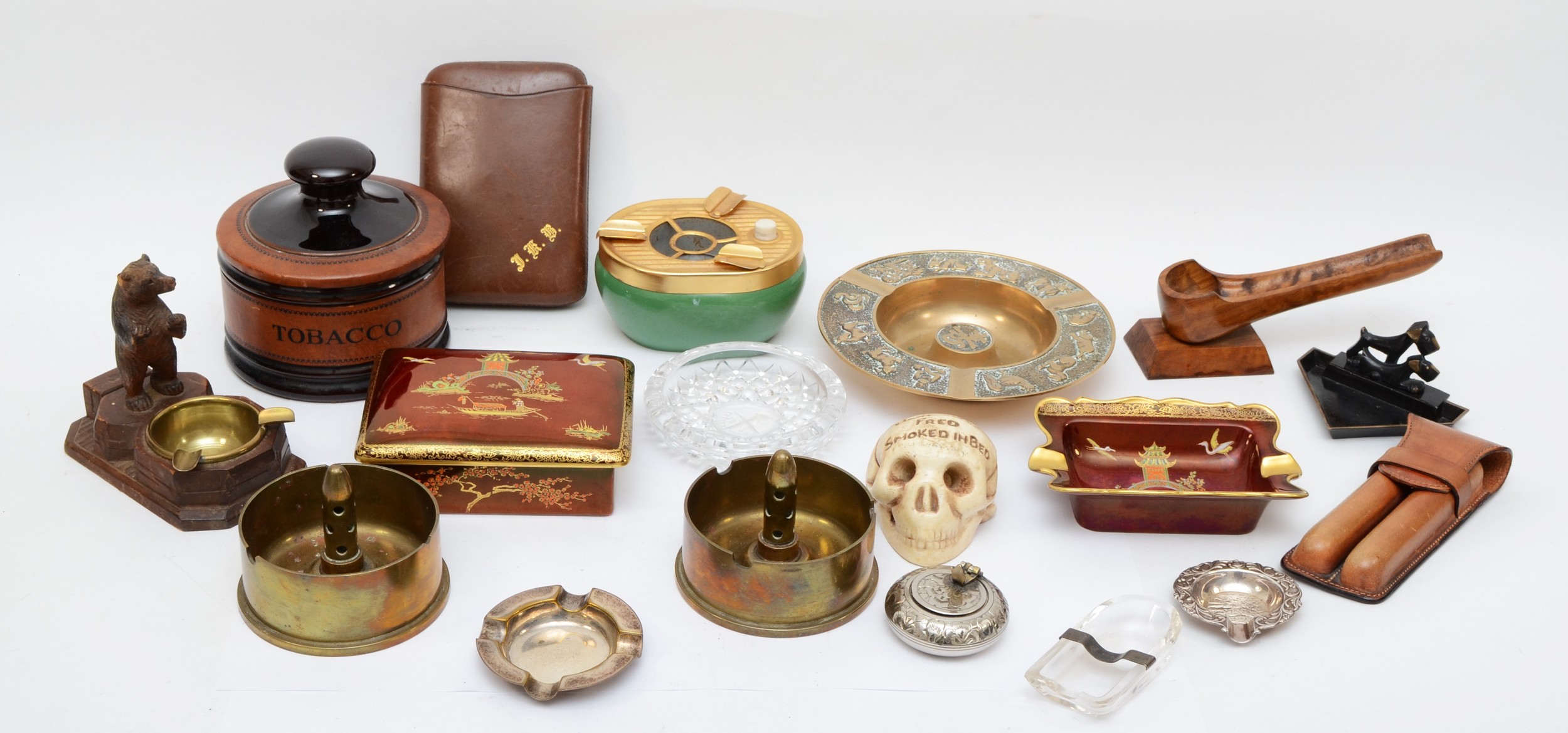 A Carltonware Rouge Royale ashtray and cigarette box, two Trench Art shell case ashtrays and other