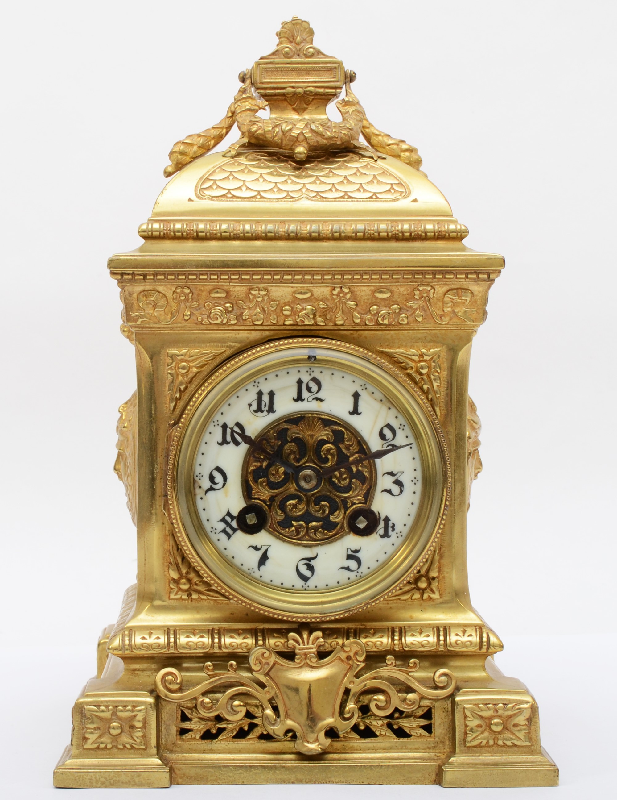 Japy Freres, a late 19th century French brass ornate mantel clock, with Mercury side panels,