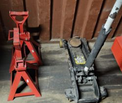 A heavy duty trolley jack and a pair of heavy weight axle stands.