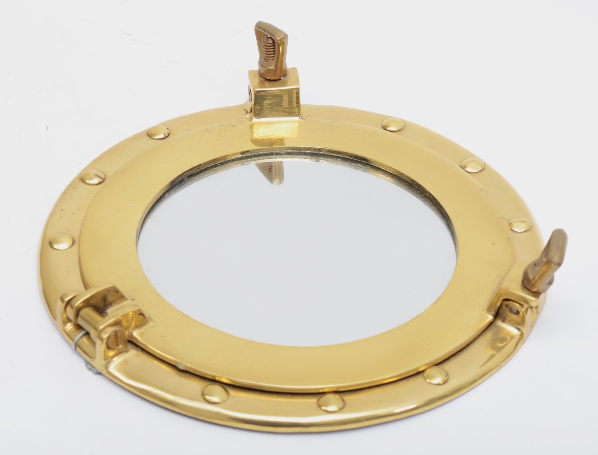 Two brass porthole style circular mirrors, 30cm and 20cm diameter - Image 2 of 4