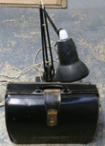 A mid 20th century angle poise table lamp, together with a leather bag.