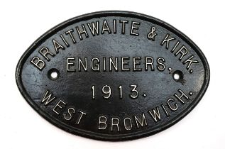 Cast iron sign, Braithwaite and Kirk engineers, 1913, West Bromwich, 30 x 20cm.