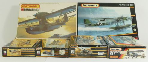 Matchbox, three plastic 1:72 kits of aviation models, 40112, PK-409, 40405, a 1:72 tank, 40179,