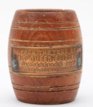 H.M.S. Queen Elizabeth, a teak matchstick barrel, with applied copper plaque, "From the teak of H.