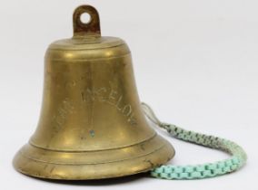 A brass ships bell, inscribed Jean Ingelow, by John Roby Ltd., Rainhill, 21 x 20cm.