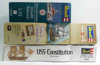 Revell, three vintage plastic kits of maritime models, a 1:72 Arkona DGzRS, 05226, USS Constitution,