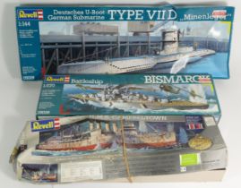 Revell, five plastic kits of maritime models, U-boat VII D, 05009, a 1:72 PT 117, 05048, a 1:570