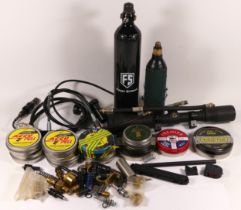 A collection of air rifle and bottle parts and accessories including filling loops, PCP bottles, a