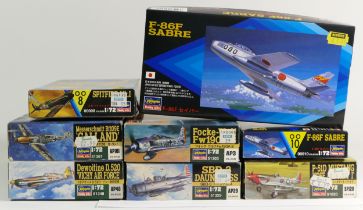 Hasegawa, eight vintage plastic 1:72 kits of aviation models, AP101 51361, AP48 51348, AP3 51303,