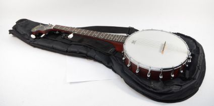 A contemporary Ashbury mahogany effect five string banjo, 76cm long, in fitted case.