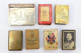 Three WWI brass Trench Art match box covers, Ypres 1917, France 1918, Coln 1914-1919 and four