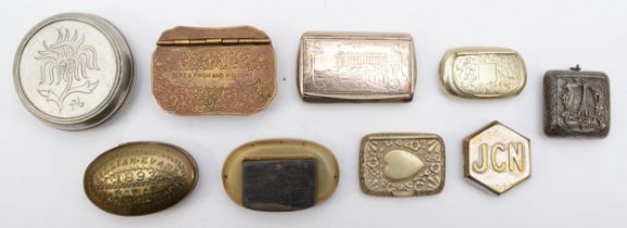 Nine various metal snuff boxes