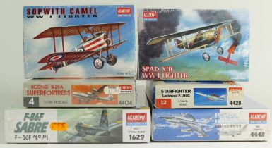 academy, three plastic 1:72 kits of aviation models, 1623, 1624, 1629, a 1:144 B-58A, 4442, and