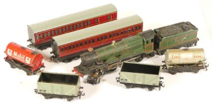 Hornby Dublo, a 00 gauge type EDLT 20 Bristol castle locomotive, with tin haulage and two carriages.