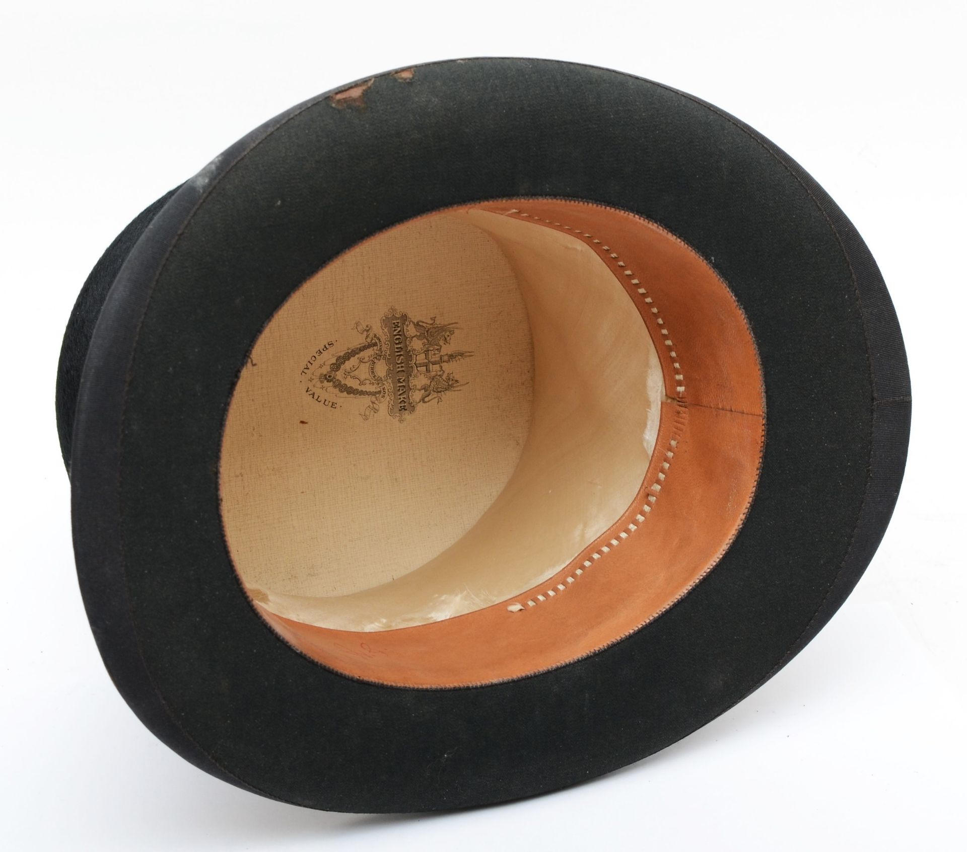 A 20th century black silk gentleman's top hat in brown leather hat box, 58cm internal circumference. - Image 3 of 7