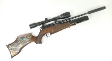 BSA R-10 Mk2 .22 (5.5) PCP air rifle, with chequered shaped stock, magazine, and moderator, serial